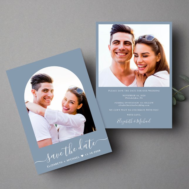 Elegant Script Arch Photo Dusty Blue Wedding Save The Date (Creator Uploaded)