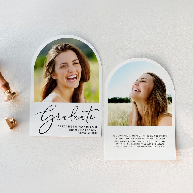 Elegant Script Arch Photo Graduation Announcement (An elegant arch-shaped photo graduation announcement to celebrate the graduate's achievements)