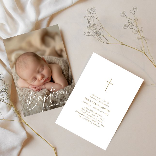 Elegant Script Baby Boy Girl Baptism Photo Gold Invitation (Creator Uploaded)