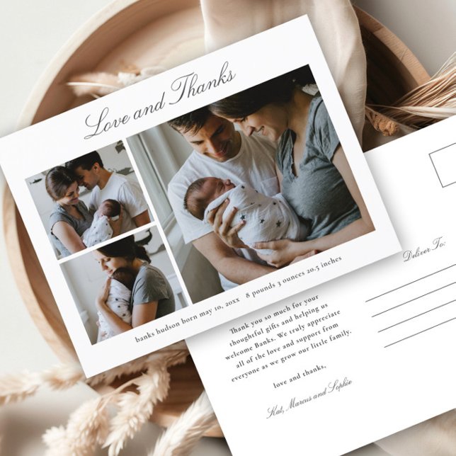Elegant Script Baby Photo Announcement Thank You  Postcard (Elegant script 3 photo baby announcement thank you postcard.)