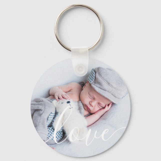 Elegant Script Baby Photo Key Ring (Front)