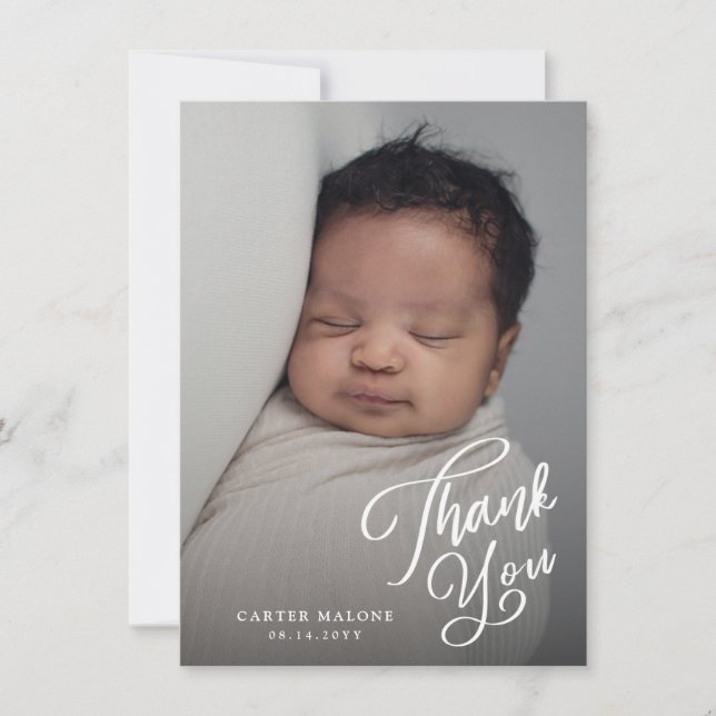 Elegant script baby photo thank you card (Front)