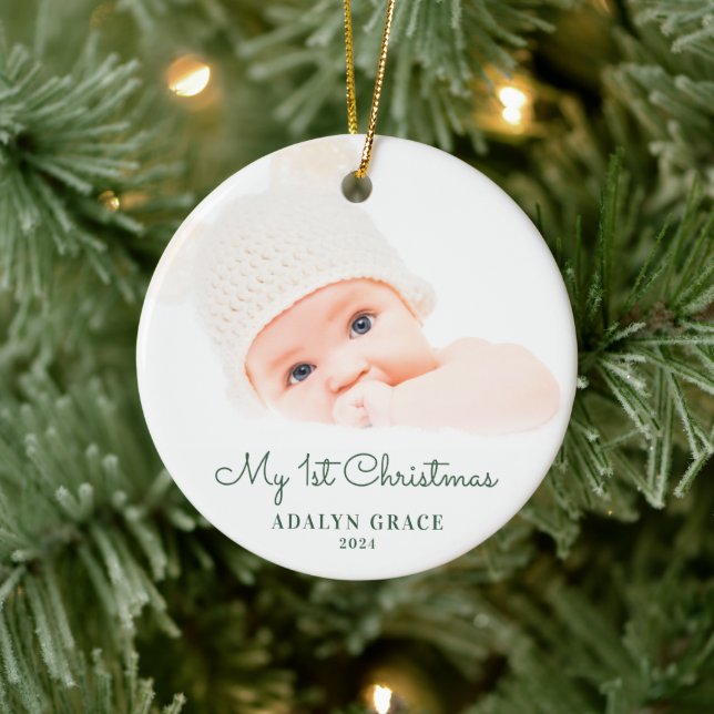 Elegant Script Baby's First Christmas Photo Cerami Ceramic Ornament (Tree)