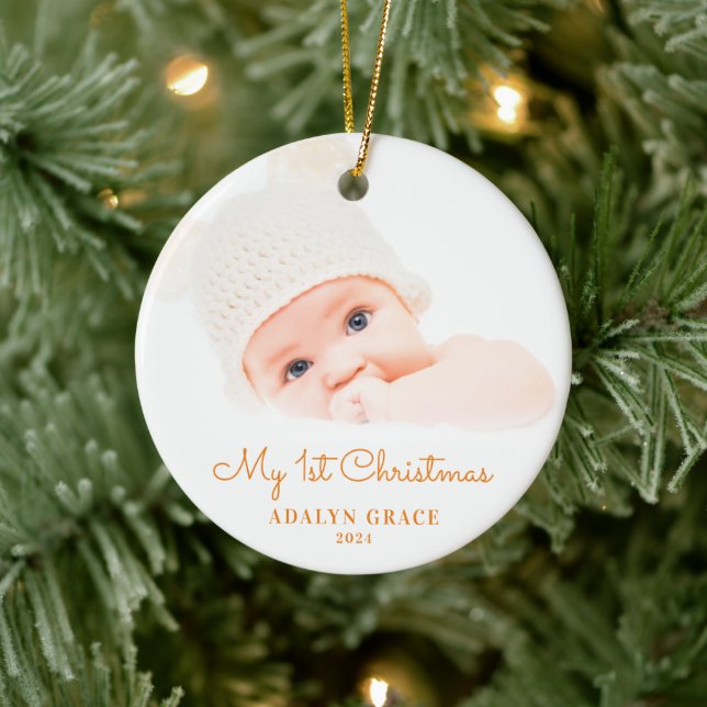 Elegant Script Baby's First Christmas Photo Ceramic Ornament (Tree)
