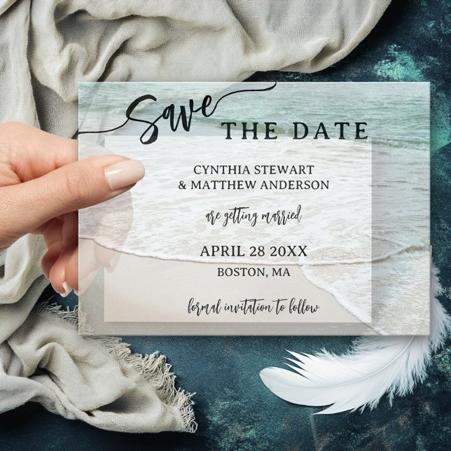 Elegant Script Beach Save the Date Vellum Invitations (Elegant vellum wedding Save the Date overlay featuring a script text on an illustration of the beach)