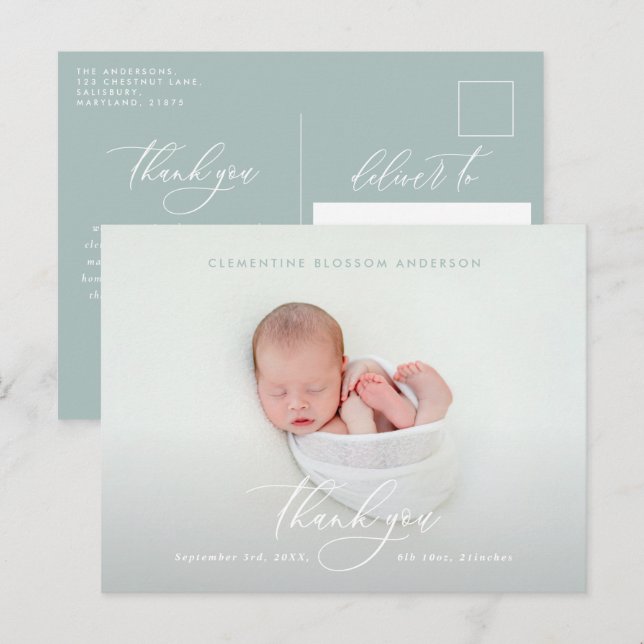 Elegant script birth announcement photo thank you postcard (Front/Back)