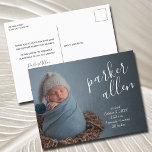 Elegant Script Birth Announcement Postcard<br><div class="desc">Elegantly sweet birth announcement postcards feature your favourite newborn photo in full bleed,  with baby's name in slanted white script and birth stats in chic white lettering and your personal message on the back. MATCHING items in our store.</div>