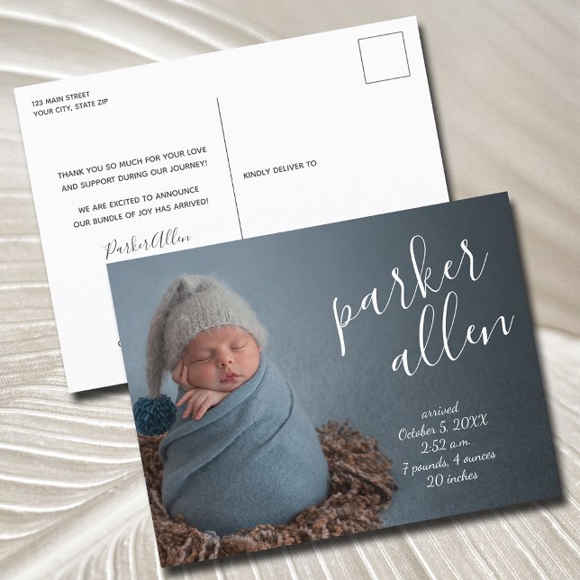 Elegant Script Birth Announcement Postcard (Creator Uploaded)