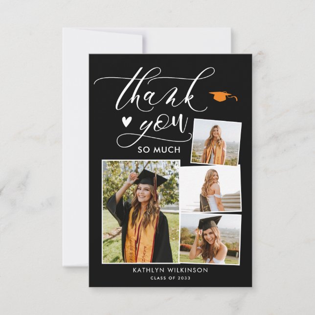 Elegant Script Black 4 Photo Graduation Thank You Invitation (Front)