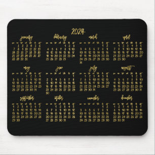 Elegant Script Black And Faux Gold Calendar 2024 Mouse Pad
