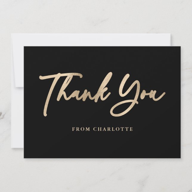 Elegant Script Black and Gold Modern Thank You Card (Front)
