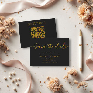 Elegant Script Black And Gold QR Code Wedding Save The Date
