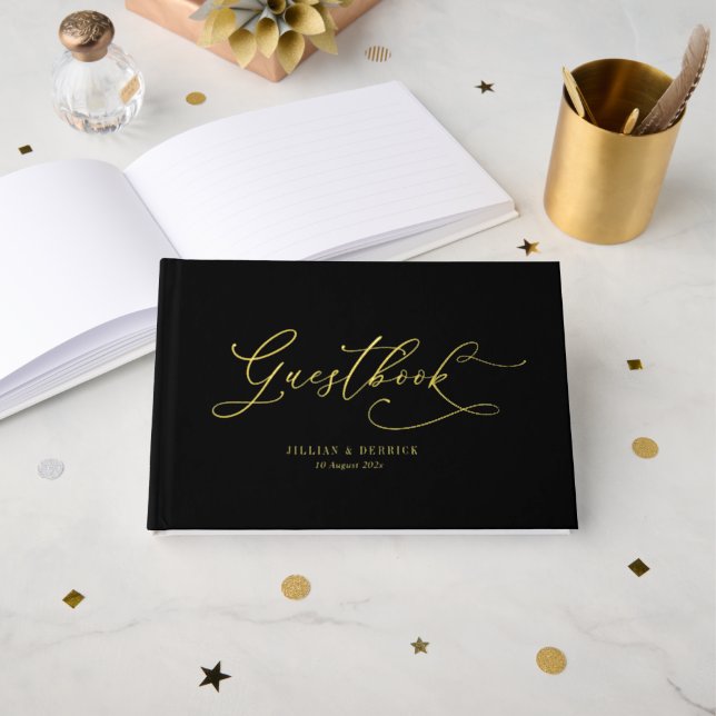 elegant script black and gold wedding guest book (Front Open)