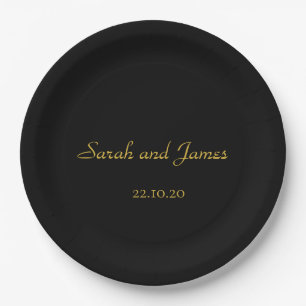 Elegant Script Black and Gold Wedding Party Paper Plate