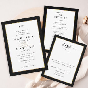 Elegant Script Black and Gold Wedding QR Code RSVP Card