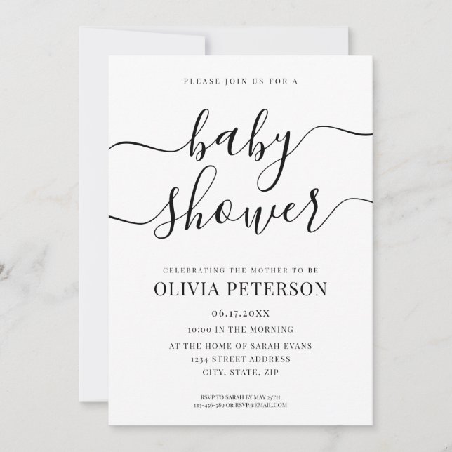 Elegant Script Black and White Baby Shower Invitation (Front)