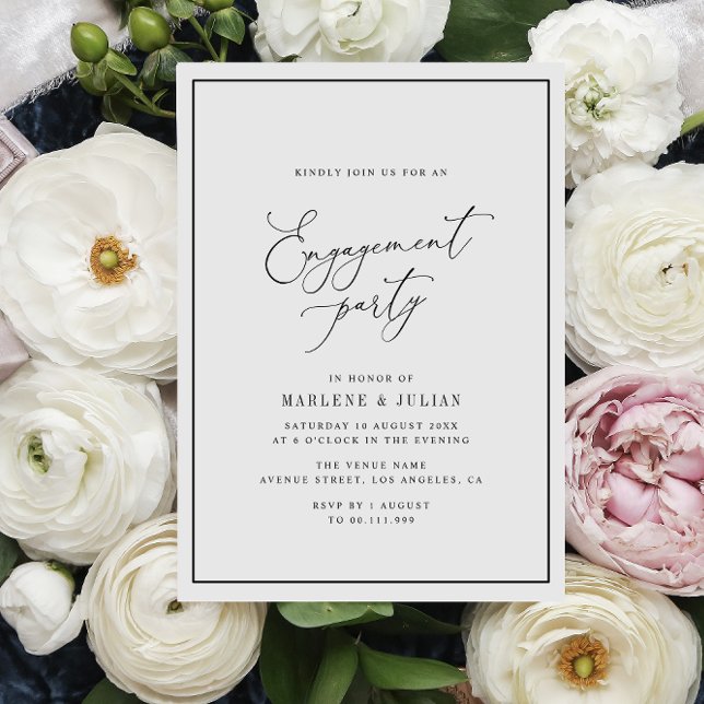 elegant script black and white engagement party invitation (Creator Uploaded)