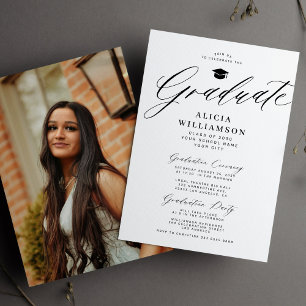 Elegant script black and white graduation party invitation