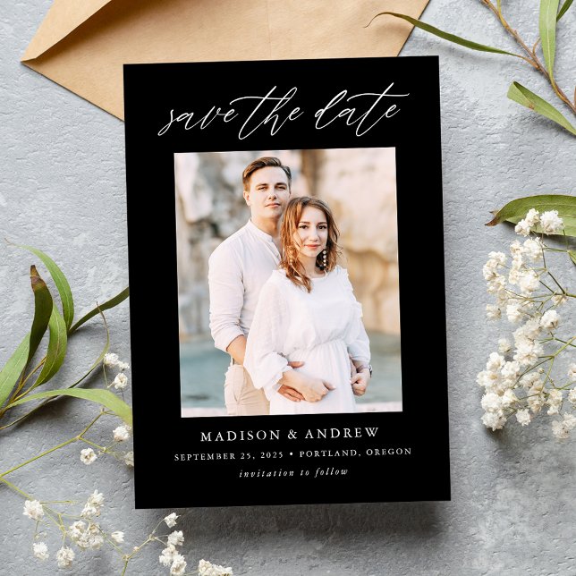 Elegant Script Black and White Photo Save The Date (Creator Uploaded)