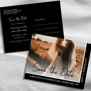 Elegant Script Black and White Photo Wedding  Announcement Postcard