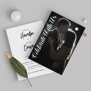 Elegant Script Black and White Photo Wedding  Invitation