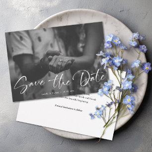 Elegant Script Black and White Photo Wedding Save The Date