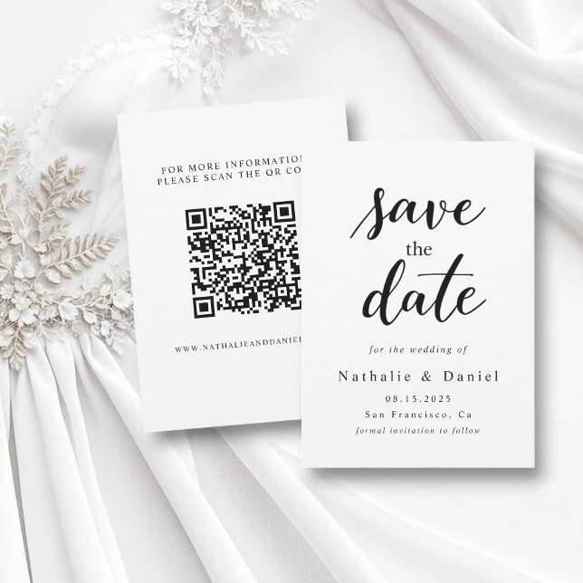 Elegant Script Black and White QR Code Wedding Save The Date (Creator Uploaded)