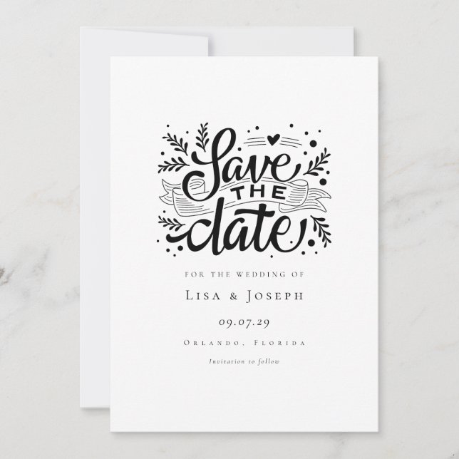Elegant Script Black and White Save the Date Invitation (Front)
