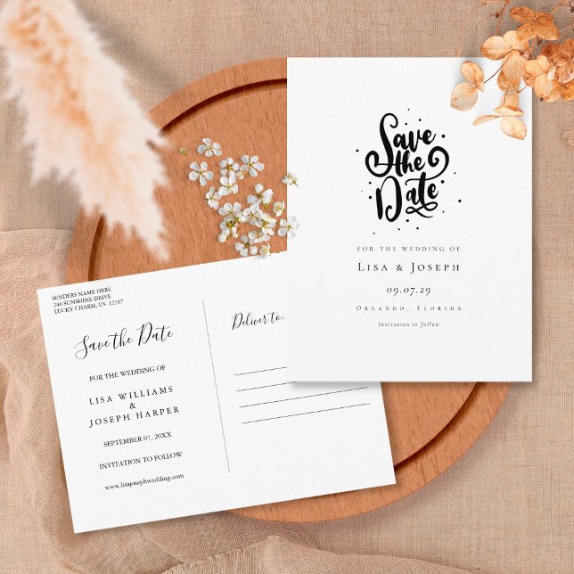 Elegant Script Black and White Save the Date Postcard (Creator Uploaded)