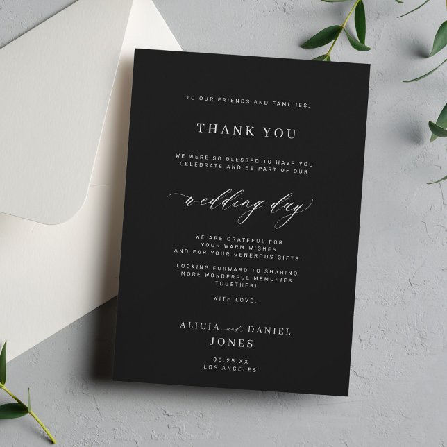 Elegant script black and white simple wedding thank you card (Creator Uploaded)