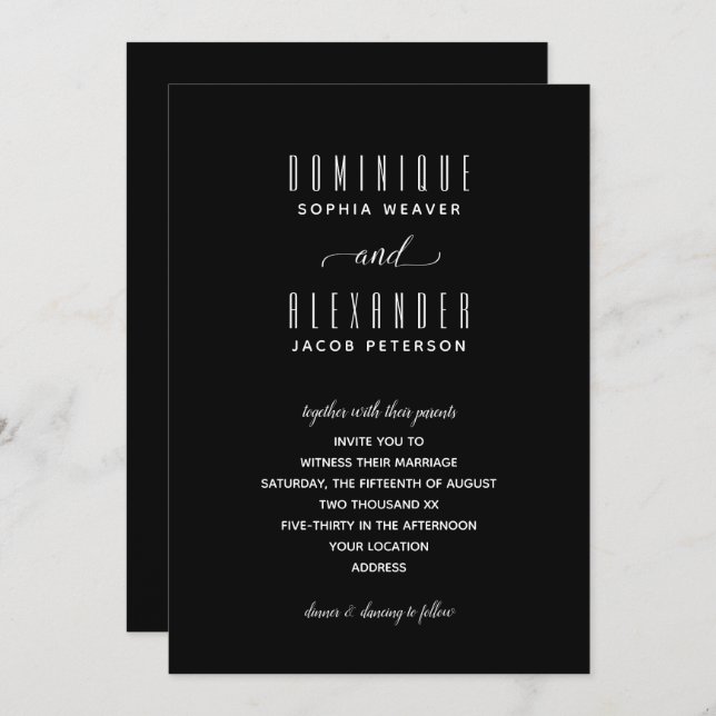 Elegant Script Black and White Wedding Invitations (Front/Back)