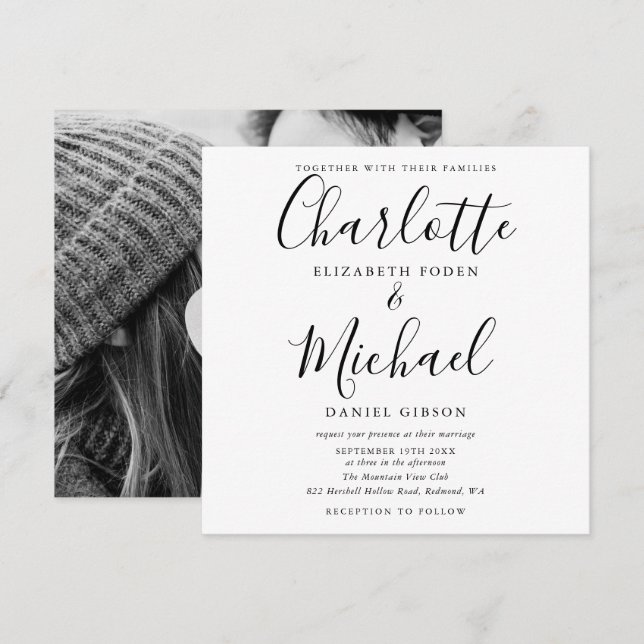 Elegant Script Black And White Wedding Photo Invitation (Front/Back)