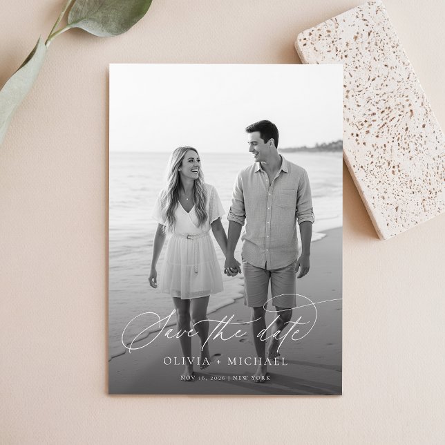 Elegant Script Black and White Wedding Photo Save The Date (Creator Uploaded)
