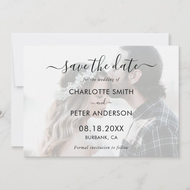 Elegant Script Black and White Wedding Photo Save The Date (Front)