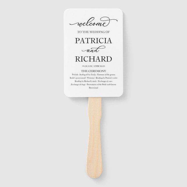 Elegant Script Black and White Wedding Program Hand Fan (Front)
