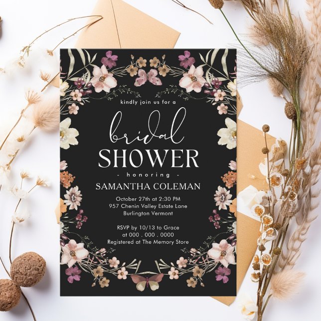 Elegant Script Black Boho Wildflower Bridal Shower Invitation (Creator Uploaded)