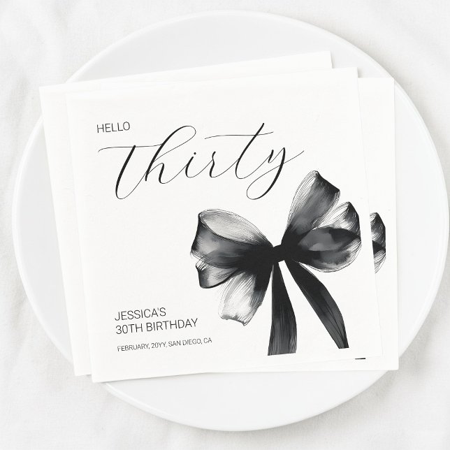 Elegant Script Black Bow 30th Birthday Party Napkin (Elegant Script Black Bow 30th Birthday Party Napkins)