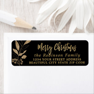 Elegant Script Black Gold Christmas Return Address Label