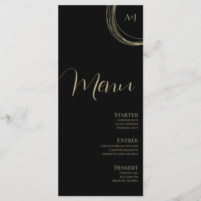 Elegant Script Black Gold Circular Wedding Menu (Front)