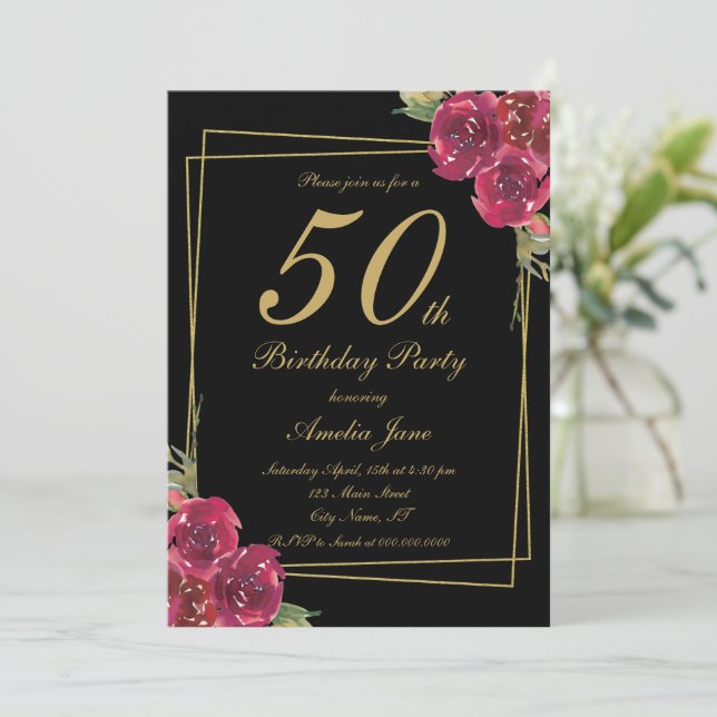 Elegant Script Black Gold Floral 50th Birthday Invitation (Standing Front)