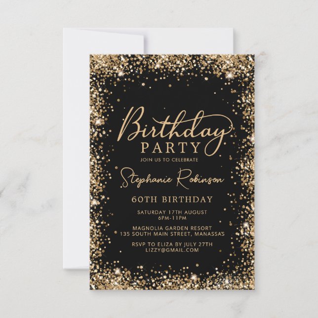 Elegant Script Black Gold Glitter 60th Birthday Invitation (Front)