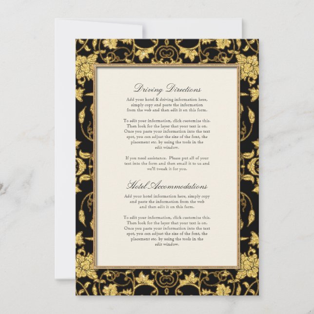 Elegant Script Black Gold Glitter Damask Wedding Invitation (Front)