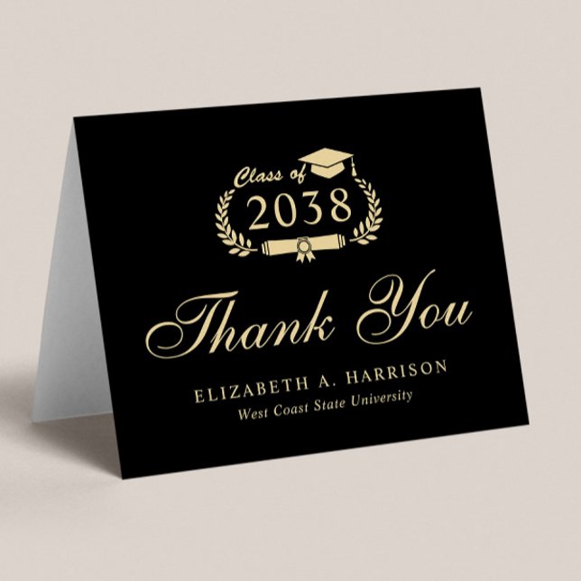 Elegant Script Black Gold Graduation Thank You Card (An elegant photo graduation thank you card to show gratitude to friends and family for their support)