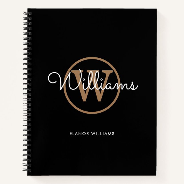 Elegant Script Black Gold Monogram Name Notebook (Front)