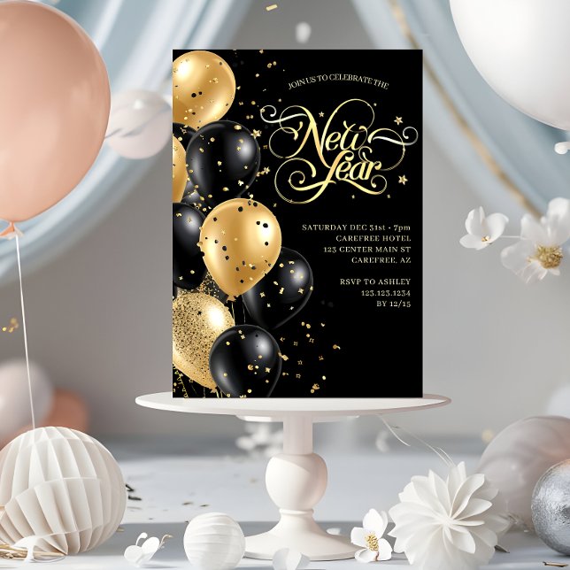 Elegant Script Black Gold New Years Eve Invitation (Creator Uploaded)