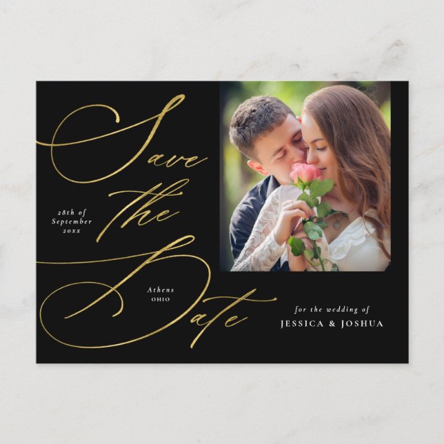 Elegant Script Black & Gold Photo Save the Date Postcard (Front)
