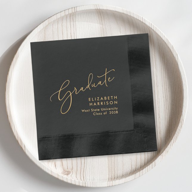 Elegant Script Black Graduation Party Foil Napkins (Elevate your graduation party decor with these classic and elegant black and gold foil napkins)