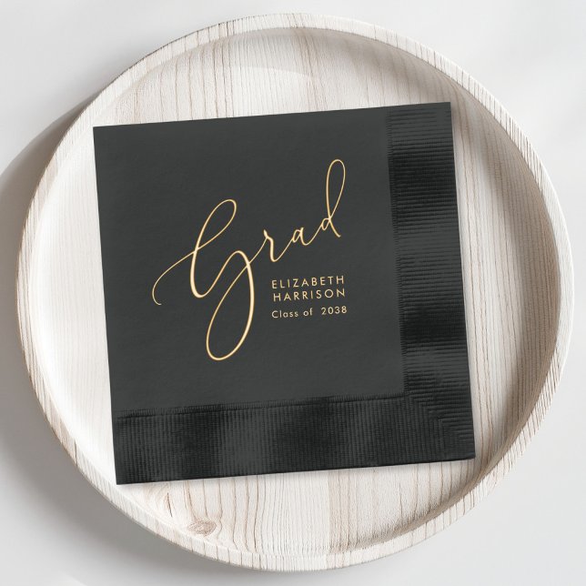 Elegant Script Black Graduation Party Foil Napkins (Elevate your graduation party decor with these classic and elegant black and gold foil napkins)