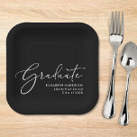 Elegant Script Black Graduation Party Paper Plate<br><div class="desc">Elegant black graduation party paper plates with "Graduate" in a chic modern white script and the grad's name,  school and class year in simple white typography.</div>