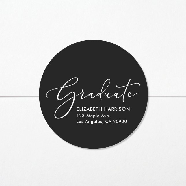 Elegant Script Black Graduation Return Address Classic Round Sticker (Creator Uploaded)